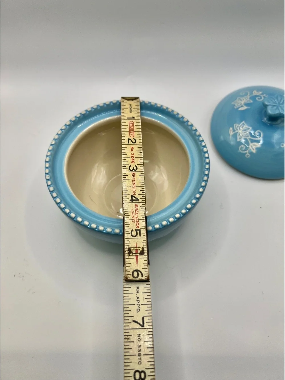 Cottagecore light blue ceramic Sugar Creamer Ivory Floral Design 4” tall